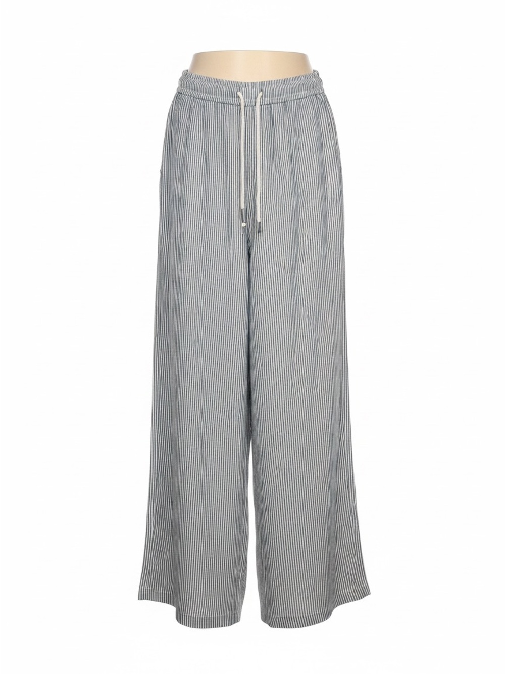 Striped Wide Leg Drawstring Pants - Grey/White